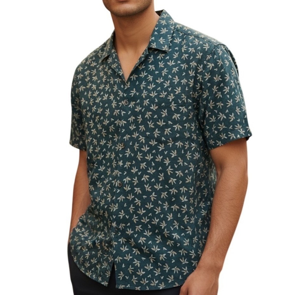 BOSS Men's Regular Fit Pure Linen S/S Button Up Shirt Teal Leaf Print EUC Medium
